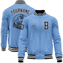 Laden Sie das Bild in den Galerie-Viewer, Custom Light Blue Black-White Bomber Varsity Letterman Zipper Jacket
