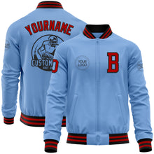 Laden Sie das Bild in den Galerie-Viewer, Custom Light Blue Red-Black Bomber Varsity Letterman Zipper Jacket
