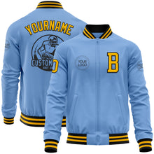 Laden Sie das Bild in den Galerie-Viewer, Custom Light Blue Gold-Black Bomber Varsity Letterman Zipper Jacket
