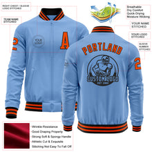 Laden Sie das Bild in den Galerie-Viewer, Custom Light Blue Orange-Black Bomber Varsity Letterman Zipper Jacket
