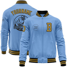 Laden Sie das Bild in den Galerie-Viewer, Custom Light Blue Old Gold-Black Bomber Varsity Letterman Zipper Jacket
