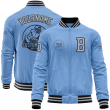 Laden Sie das Bild in den Galerie-Viewer, Custom Light Blue Gray-Black Bomber Varsity Letterman Zipper Jacket
