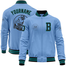Laden Sie das Bild in den Galerie-Viewer, Custom Light Blue Black-Teal Bomber Varsity Letterman Zipper Jacket
