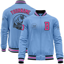 Laden Sie das Bild in den Galerie-Viewer, Custom Light Blue Pink-Black Bomber Varsity Letterman Zipper Jacket
