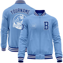 Laden Sie das Bild in den Galerie-Viewer, Custom Light Blue Royal-White Bomber Varsity Letterman Zipper Jacket
