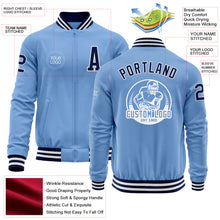 Laden Sie das Bild in den Galerie-Viewer, Custom Light Blue Navy-White Bomber Varsity Letterman Zipper Jacket
