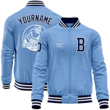 Laden Sie das Bild in den Galerie-Viewer, Custom Light Blue Navy-White Bomber Varsity Letterman Zipper Jacket
