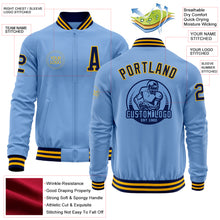 Laden Sie das Bild in den Galerie-Viewer, Custom Light Blue Navy-Gold Bomber Varsity Letterman Zipper Jacket
