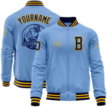 Laden Sie das Bild in den Galerie-Viewer, Custom Light Blue Navy-Gold Bomber Varsity Letterman Zipper Jacket
