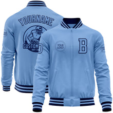 Laden Sie das Bild in den Galerie-Viewer, Custom Light Blue Navy Bomber Varsity Letterman Zipper Jacket
