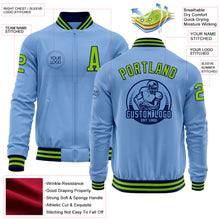 Laden Sie das Bild in den Galerie-Viewer, Custom Light Blue Neon Green-Navy Bomber Varsity Letterman Zipper Jacket
