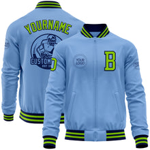 Laden Sie das Bild in den Galerie-Viewer, Custom Light Blue Neon Green-Navy Bomber Varsity Letterman Zipper Jacket
