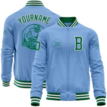 Laden Sie das Bild in den Galerie-Viewer, Custom Light Blue Kelly Green-White Bomber Varsity Letterman Zipper Jacket
