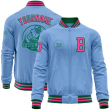 Laden Sie das Bild in den Galerie-Viewer, Custom Light Blue Pink-Kelly Green Bomber Varsity Letterman Zipper Jacket
