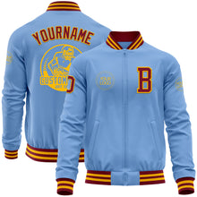 Laden Sie das Bild in den Galerie-Viewer, Custom Light Blue Crimson-Gold Bomber Varsity Letterman Zipper Jacket
