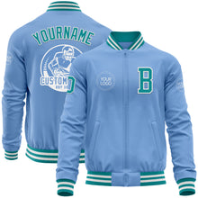 Laden Sie das Bild in den Galerie-Viewer, Custom Light Blue Teal-White Bomber Varsity Letterman Zipper Jacket
