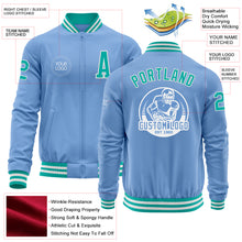 Laden Sie das Bild in den Galerie-Viewer, Custom Light Blue Aqua-White Bomber Varsity Letterman Zipper Jacket
