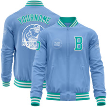 Laden Sie das Bild in den Galerie-Viewer, Custom Light Blue Aqua-White Bomber Varsity Letterman Zipper Jacket
