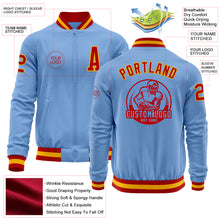 Laden Sie das Bild in den Galerie-Viewer, Custom Light Blue Red-Gold Bomber Varsity Letterman Zipper Jacket
