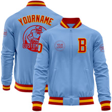 Laden Sie das Bild in den Galerie-Viewer, Custom Light Blue Red-Gold Bomber Varsity Letterman Zipper Jacket
