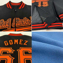 Laden Sie das Bild in den Galerie-Viewer, Custom Light Blue Teal-Black Bomber Varsity Letterman Two Tone Zipper Jacket
