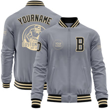 Laden Sie das Bild in den Galerie-Viewer, Custom Gray Black-Cream Bomber Varsity Letterman Zipper Jacket

