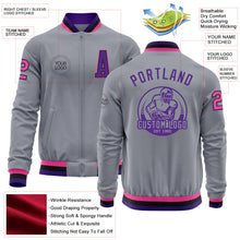 Laden Sie das Bild in den Galerie-Viewer, Custom Gray Pink Black-Purple Bomber Varsity Letterman Zipper Jacket
