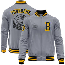 Laden Sie das Bild in den Galerie-Viewer, Custom Gray Black-Gold Bomber Varsity Letterman Zipper Jacket
