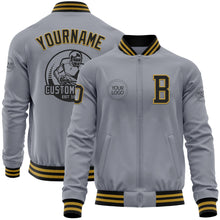 Laden Sie das Bild in den Galerie-Viewer, Custom Gray Black-Old Gold Bomber Varsity Letterman Zipper Jacket
