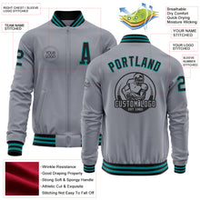 Laden Sie das Bild in den Galerie-Viewer, Custom Gray Black-Teal Bomber Varsity Letterman Zipper Jacket
