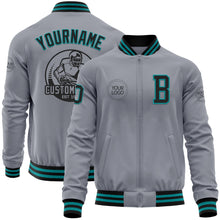 Laden Sie das Bild in den Galerie-Viewer, Custom Gray Black-Teal Bomber Varsity Letterman Zipper Jacket
