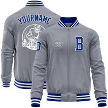 Laden Sie das Bild in den Galerie-Viewer, Custom Gray Royal-White Bomber Varsity Letterman Zipper Jacket
