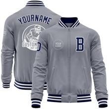 Laden Sie das Bild in den Galerie-Viewer, Custom Gray Navy-White Bomber Varsity Letterman Zipper Jacket
