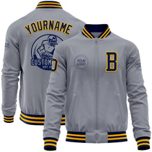 Laden Sie das Bild in den Galerie-Viewer, Custom Gray Navy-Gold Bomber Varsity Letterman Zipper Jacket
