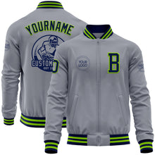 Загрузить изображение в средство просмотра галереи, Custom Gray Navy-Neon Green Bomber Varsity Letterman Zipper Jacket
