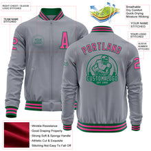 Загрузить изображение в средство просмотра галереи, Custom Gray Pink-Kelly Green Bomber Varsity Letterman Zipper Jacket

