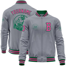 Загрузить изображение в средство просмотра галереи, Custom Gray Pink-Kelly Green Bomber Varsity Letterman Zipper Jacket

