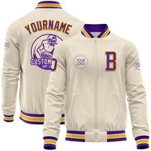 Laden Sie das Bild in den Galerie-Viewer, Custom Cream Purple Gold-White Bomber Varsity Letterman Zipper Jacket
