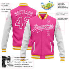 Laden Sie das Bild in den Galerie-Viewer, Custom Pink Gold-White Bomber Full-Snap Varsity Letterman Two Tone Jacket
