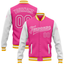 Laden Sie das Bild in den Galerie-Viewer, Custom Pink Gold-White Bomber Full-Snap Varsity Letterman Two Tone Jacket
