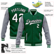 Laden Sie das Bild in den Galerie-Viewer, Custom Kelly Green White Gray-Black Bomber Full-Snap Varsity Letterman Two Tone Jacket
