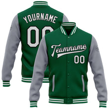 Laden Sie das Bild in den Galerie-Viewer, Custom Kelly Green White Gray-Black Bomber Full-Snap Varsity Letterman Two Tone Jacket
