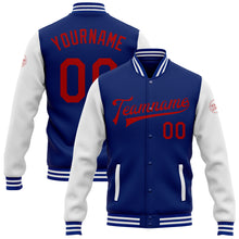 Laden Sie das Bild in den Galerie-Viewer, Custom Royal Red-White Bomber Full-Snap Varsity Letterman Two Tone Jacket
