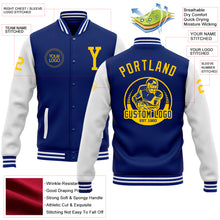 Laden Sie das Bild in den Galerie-Viewer, Custom Royal Yellow-White Bomber Full-Snap Varsity Letterman Two Tone Jacket
