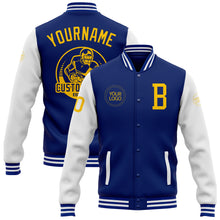 Laden Sie das Bild in den Galerie-Viewer, Custom Royal Yellow-White Bomber Full-Snap Varsity Letterman Two Tone Jacket
