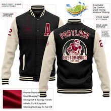 Laden Sie das Bild in den Galerie-Viewer, Custom Black Maroon-Cream Bomber Full-Snap Varsity Letterman Two Tone Jacket
