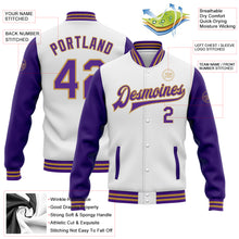 Laden Sie das Bild in den Galerie-Viewer, Custom White Purple-Old Gold Bomber Full-Snap Varsity Letterman Two Tone Jacket
