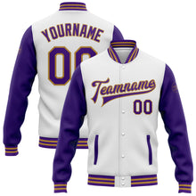 Laden Sie das Bild in den Galerie-Viewer, Custom White Purple-Old Gold Bomber Full-Snap Varsity Letterman Two Tone Jacket

