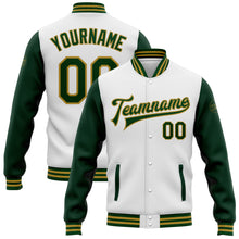 Laden Sie das Bild in den Galerie-Viewer, Custom White Green-Old Gold Bomber Full-Snap Varsity Letterman Two Tone Jacket
