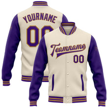 Laden Sie das Bild in den Galerie-Viewer, Custom Cream Purple-Old Gold Bomber Full-Snap Varsity Letterman Two Tone Jacket
